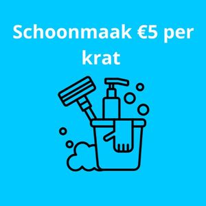 Schoonmaak €5 euro per krat geef zelf de aantallen dus bijvoorbeeld 3 kratten glazen is dan 3x schoonmaak selecteren. Schoonmaak €5 euro per krat geef zelf de aantallen dus bijvoorbeeld 3 kratten glazen is dan 3x schoonmaak selecteren.